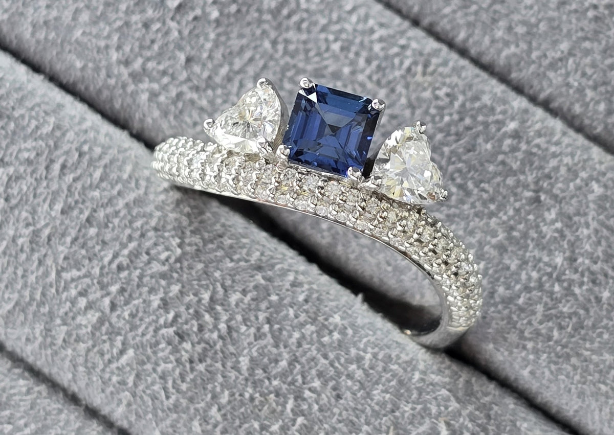 Ceylon Sapphire & Heart Diamond Bypass Ring in 18K white gold — view 6