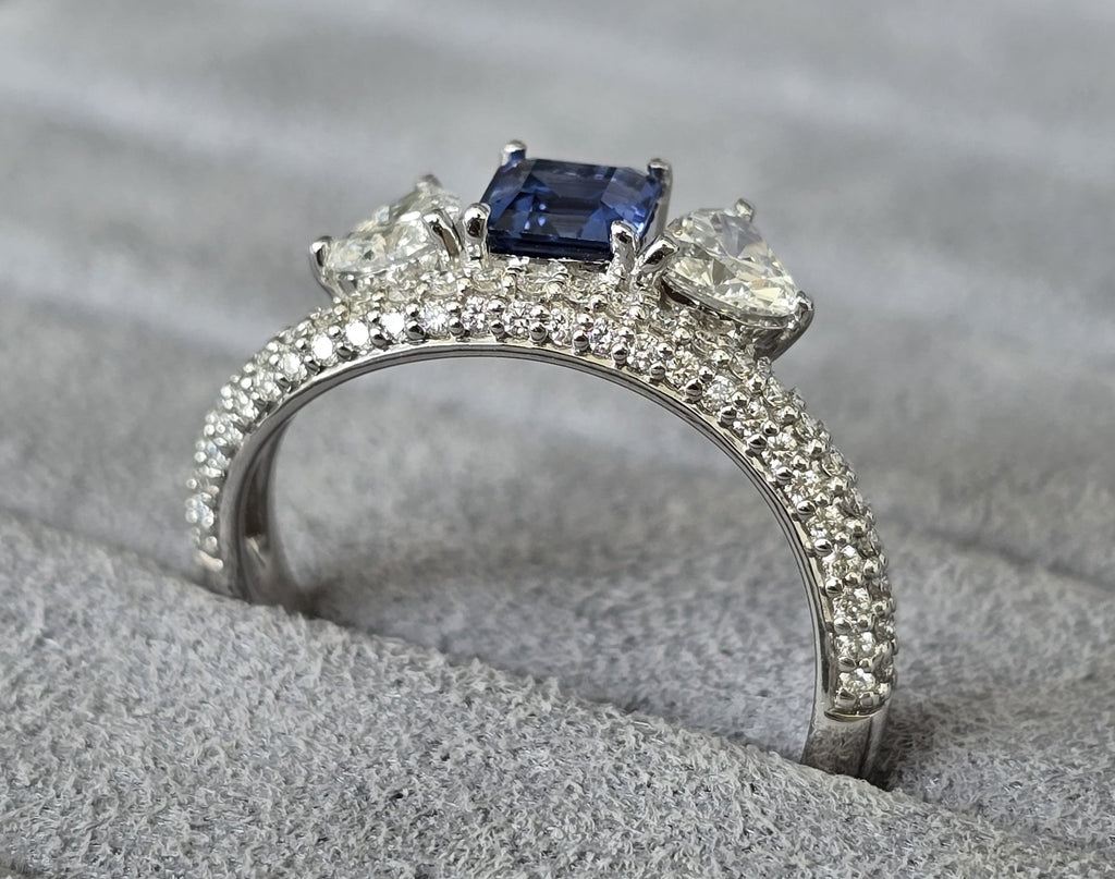 Ceylon Sapphire & Heart Diamond Bypass Ring in 18K white gold — view 7