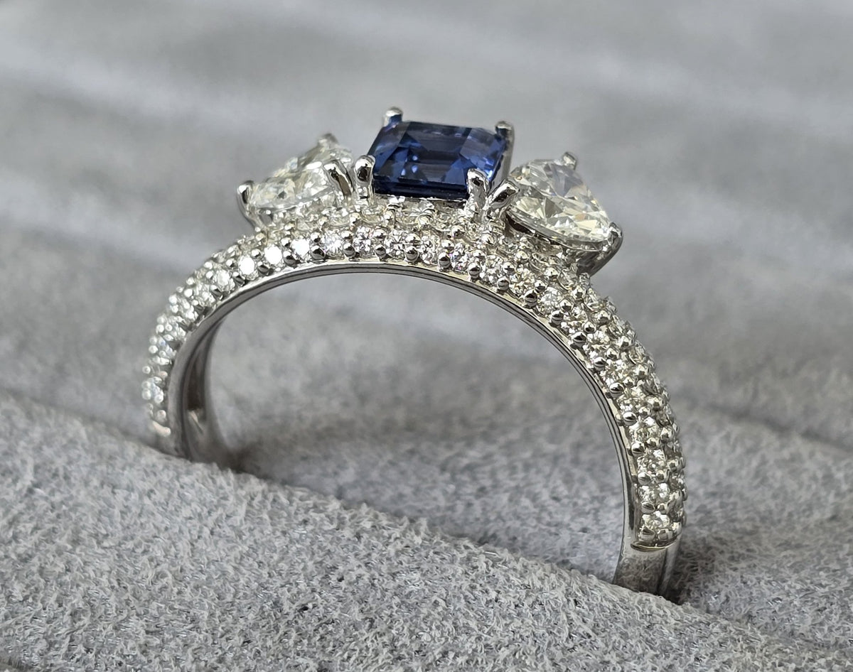 Ceylon Sapphire & Heart Diamond Bypass Ring in 18K white gold — view 7
