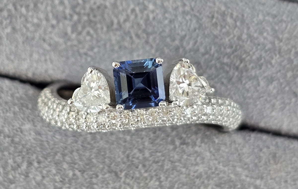 Ceylon Sapphire & Heart Diamond Bypass Ring in 18K white gold — view 8