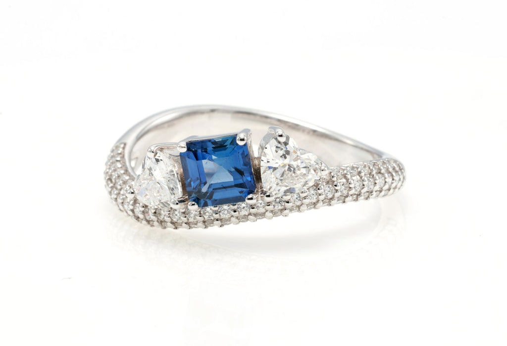 Ceylon Sapphire & Heart Diamond Bypass Ring in 18K white gold — view 9