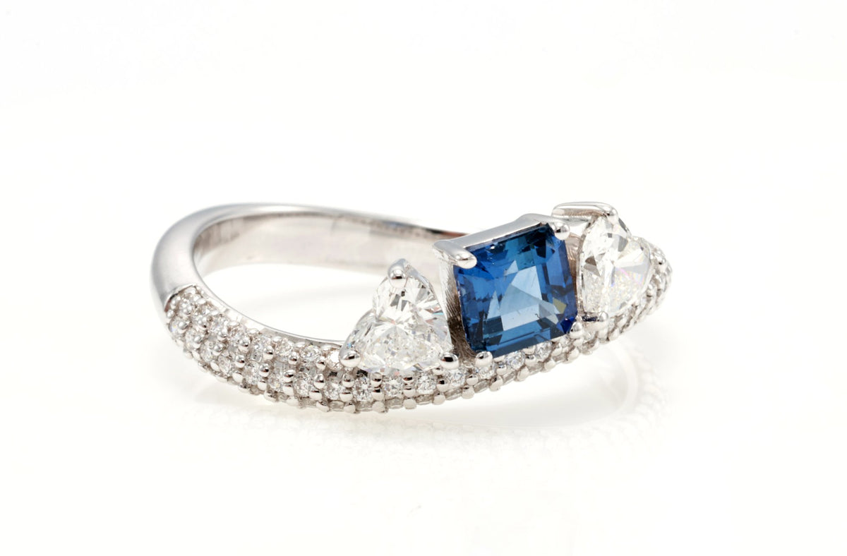 Ceylon Sapphire & Heart Diamond Bypass Ring in 18K white gold — view 10