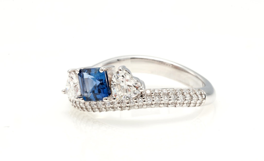 Ceylon Sapphire & Heart Diamond Bypass Ring in 18K white gold — view 11