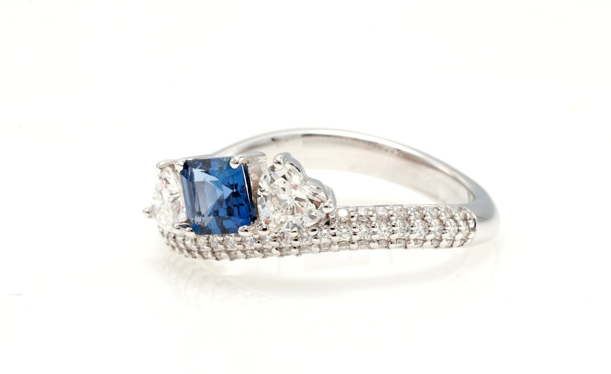 Ceylon Sapphire & Heart Diamond Bypass Ring in 18K white gold — view 11