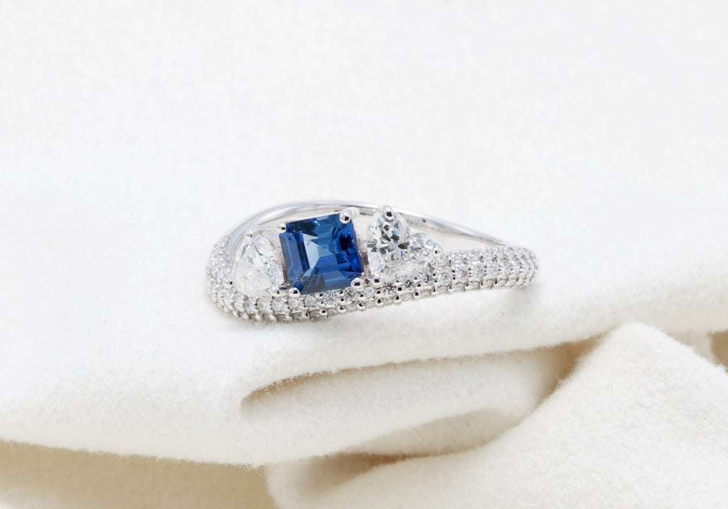 Ceylon Sapphire & Heart Diamond Bypass Ring in 18K white gold — view 12