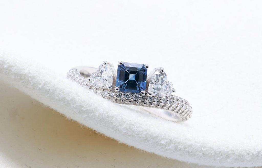 Ceylon Sapphire & Heart Diamond Bypass Ring in 18K white gold — view 13