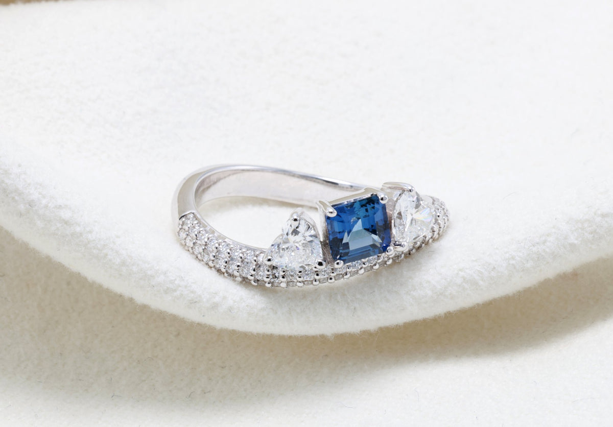 Ceylon Sapphire & Heart Diamond Bypass Ring in 18K white gold — view 14