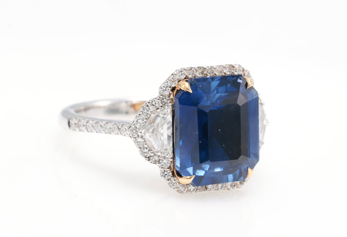 Ceylon Sapphire Three-Stone Ring, 6.31 ct in 18K white gold — view 3
