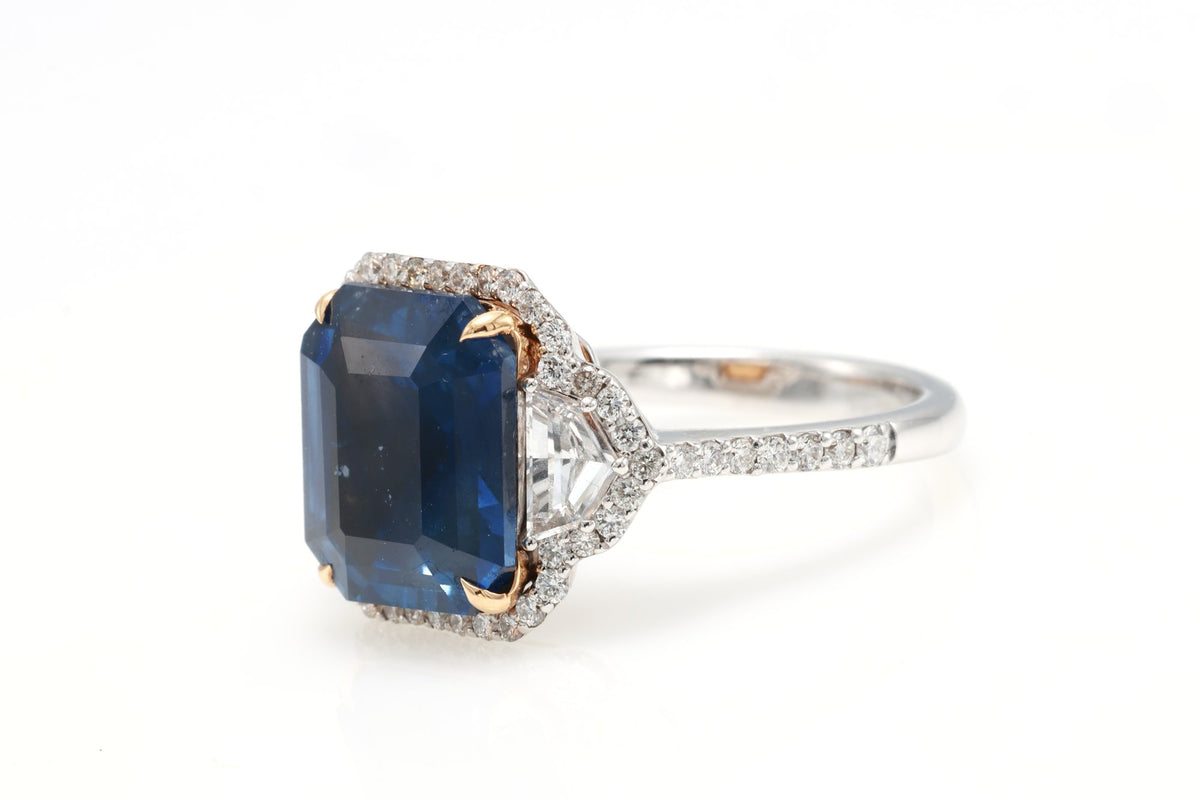 Ceylon Sapphire Three-Stone Ring, 6.31 ct in 18K white gold — view 4