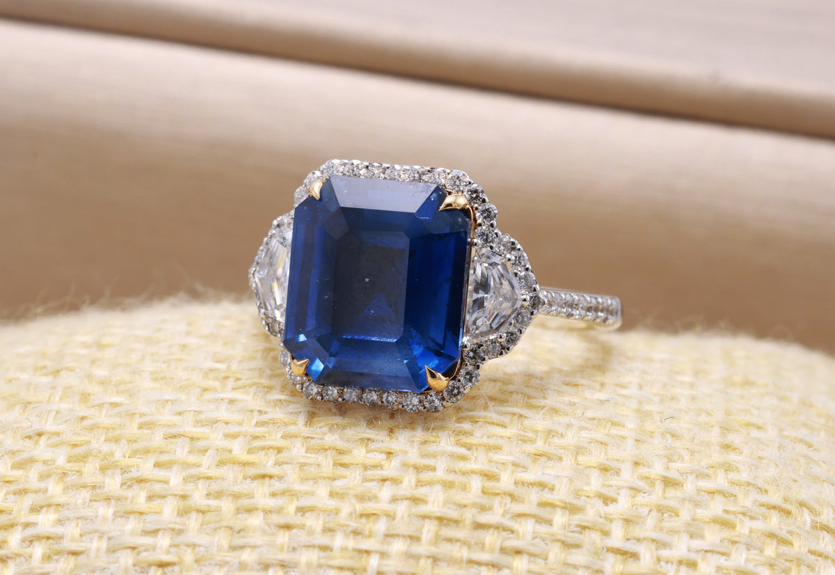 Ceylon Sapphire Three-Stone Ring, 6.31 ct in 18K white gold — view 8