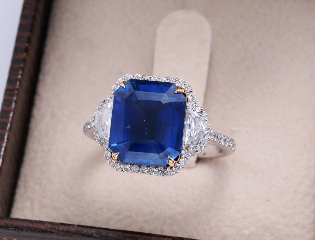 Ceylon Sapphire Three-Stone Ring, 6.31 ct in 18K white gold — view 9