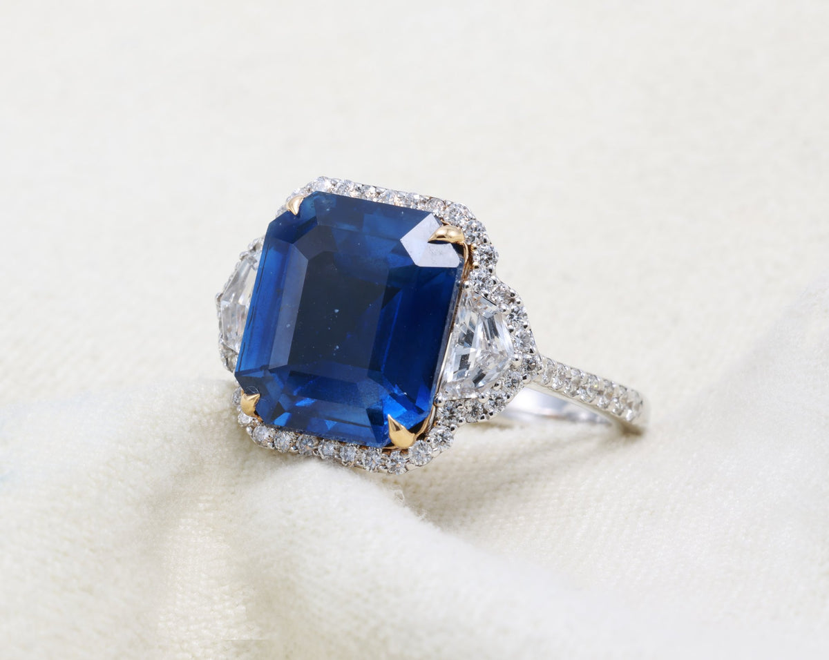 Ceylon Sapphire Three-Stone Ring, 6.31 ct in 18K white gold — view 15
