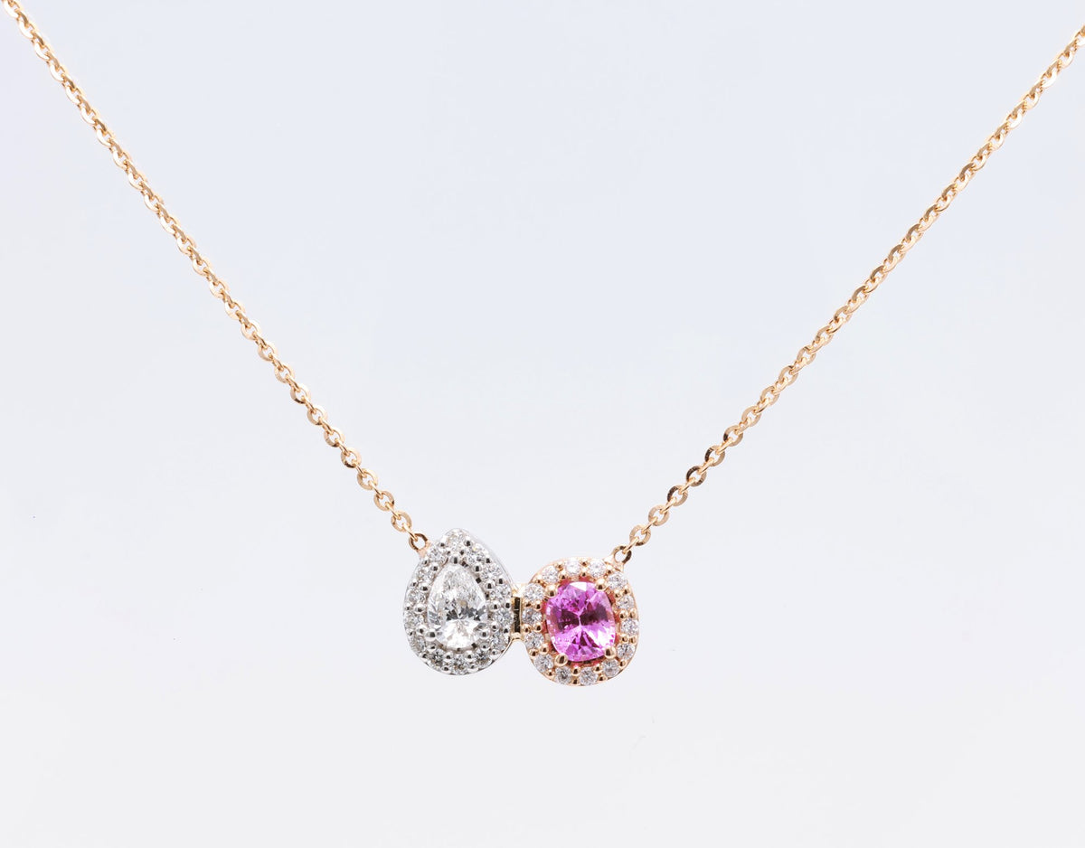 Cushion Pink Sapphire & Pear Diamond Toi et Moi Pendant in 18K rose gold — view 1