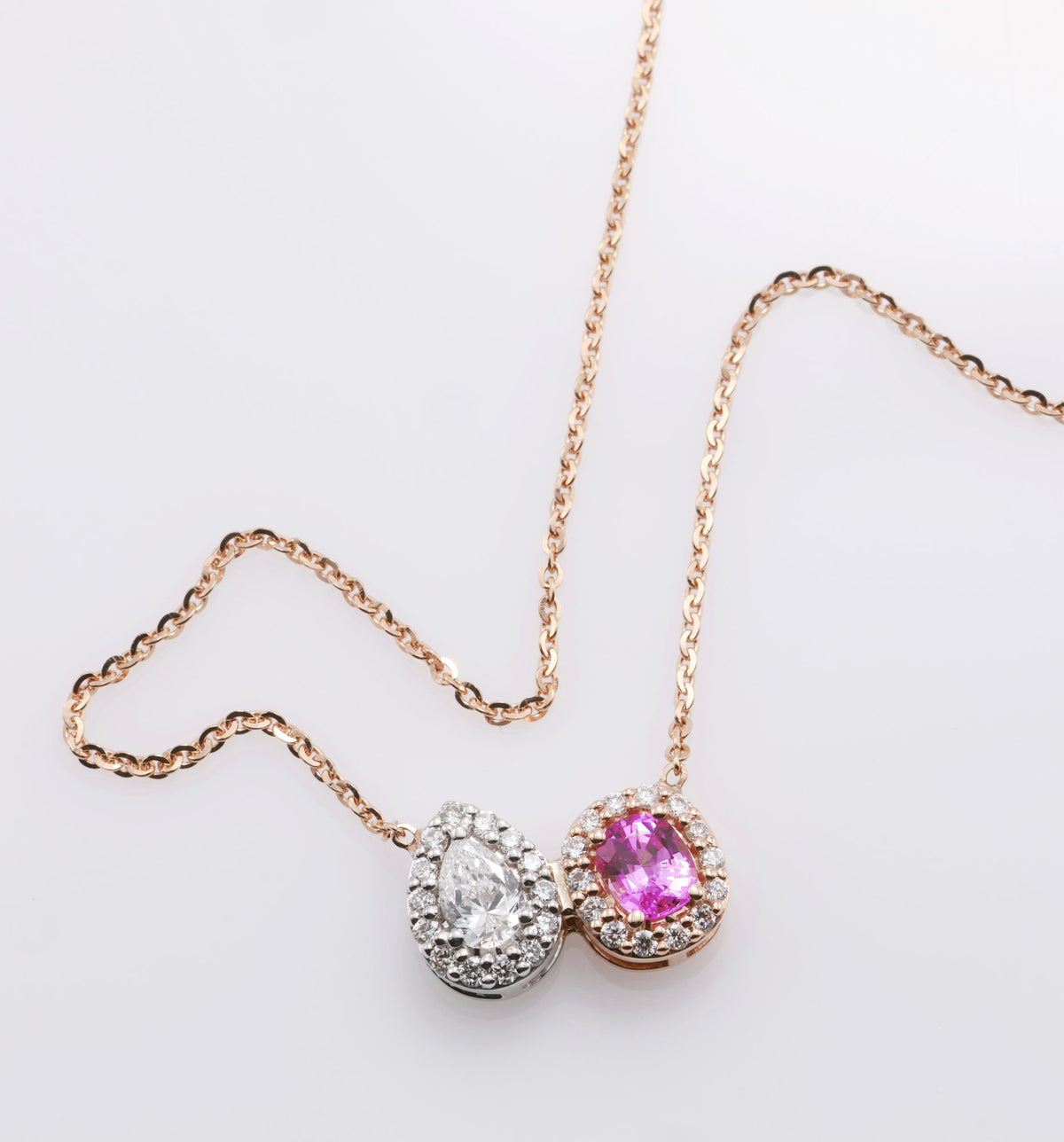 Cushion Pink Sapphire & Pear Diamond Toi et Moi Pendant in 18K rose gold — view 2