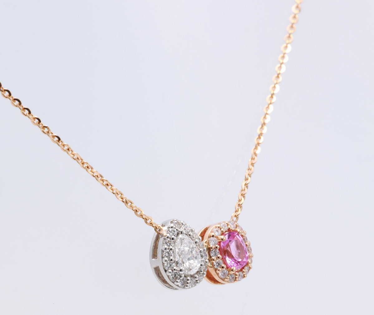 Cushion Pink Sapphire & Pear Diamond Toi et Moi Pendant in 18K rose gold — view 3