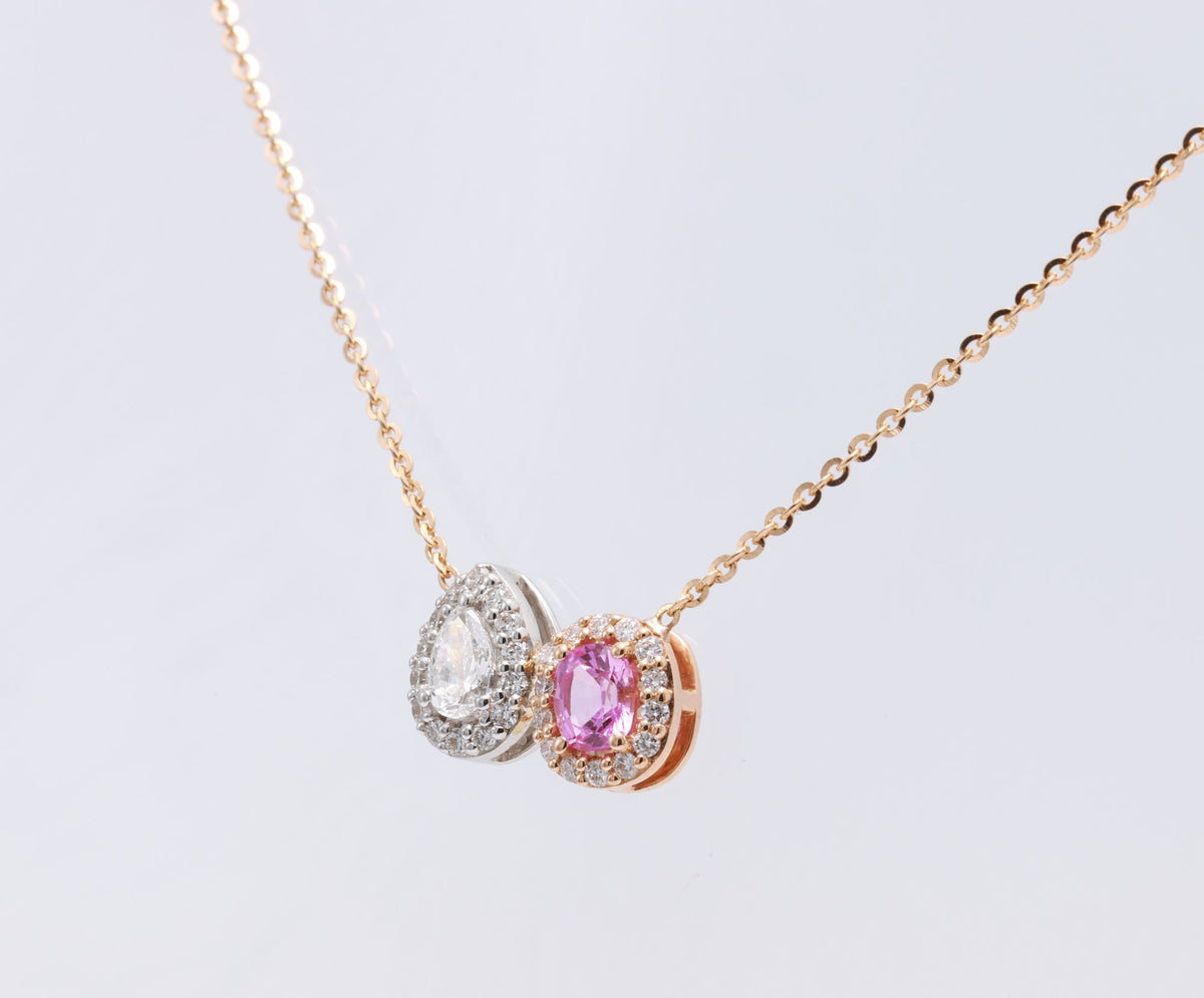 Cushion Pink Sapphire & Pear Diamond Toi et Moi Pendant in 18K rose gold — view 4