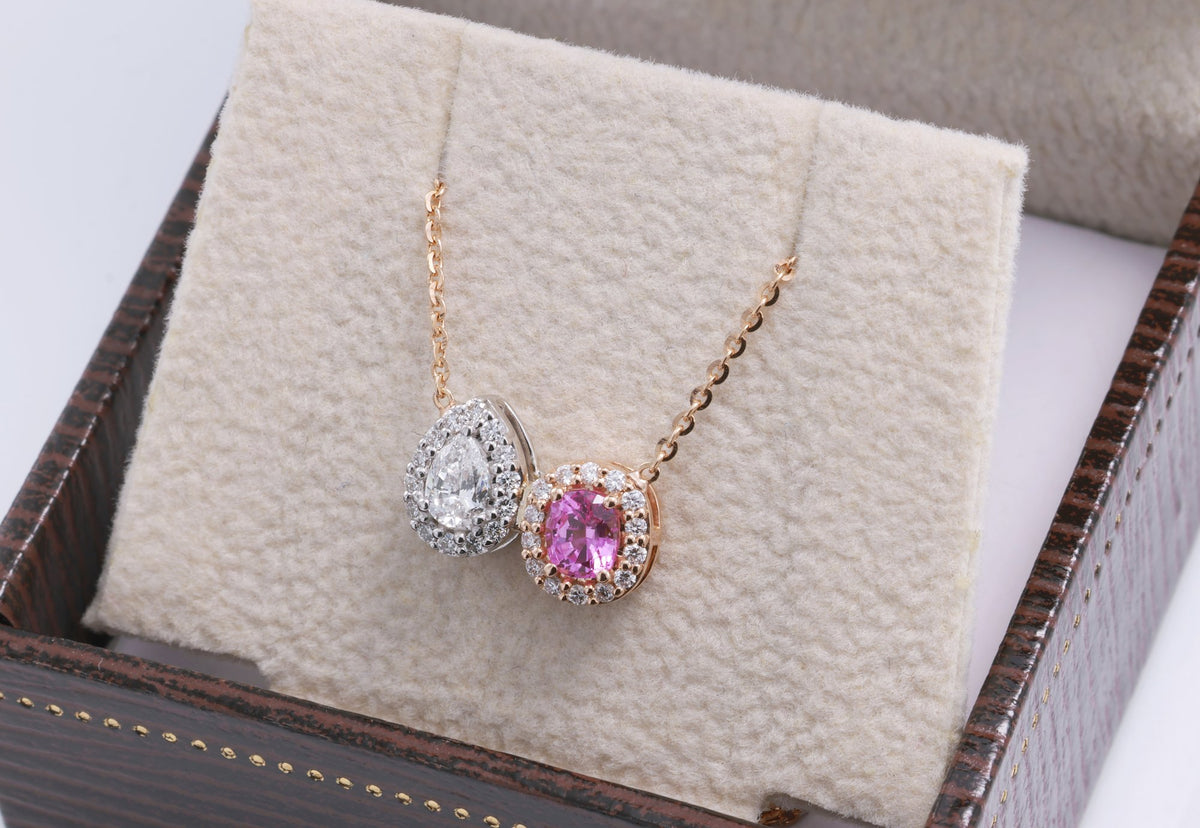 Cushion Pink Sapphire & Pear Diamond Toi et Moi Pendant in 18K rose gold — view 5