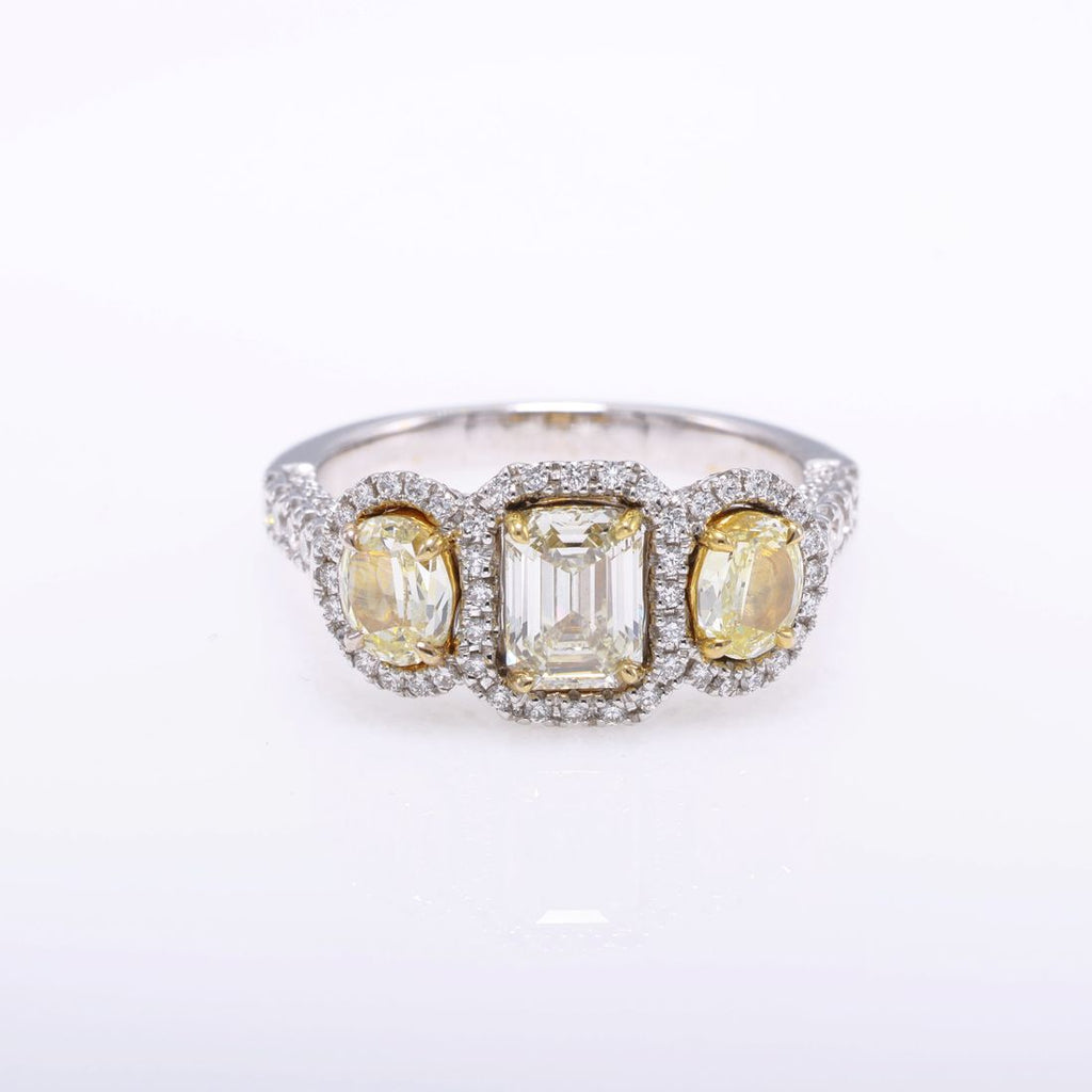 Emerald-Cut Diamond & Fancy Yellow Three-Stone Ring — view 2