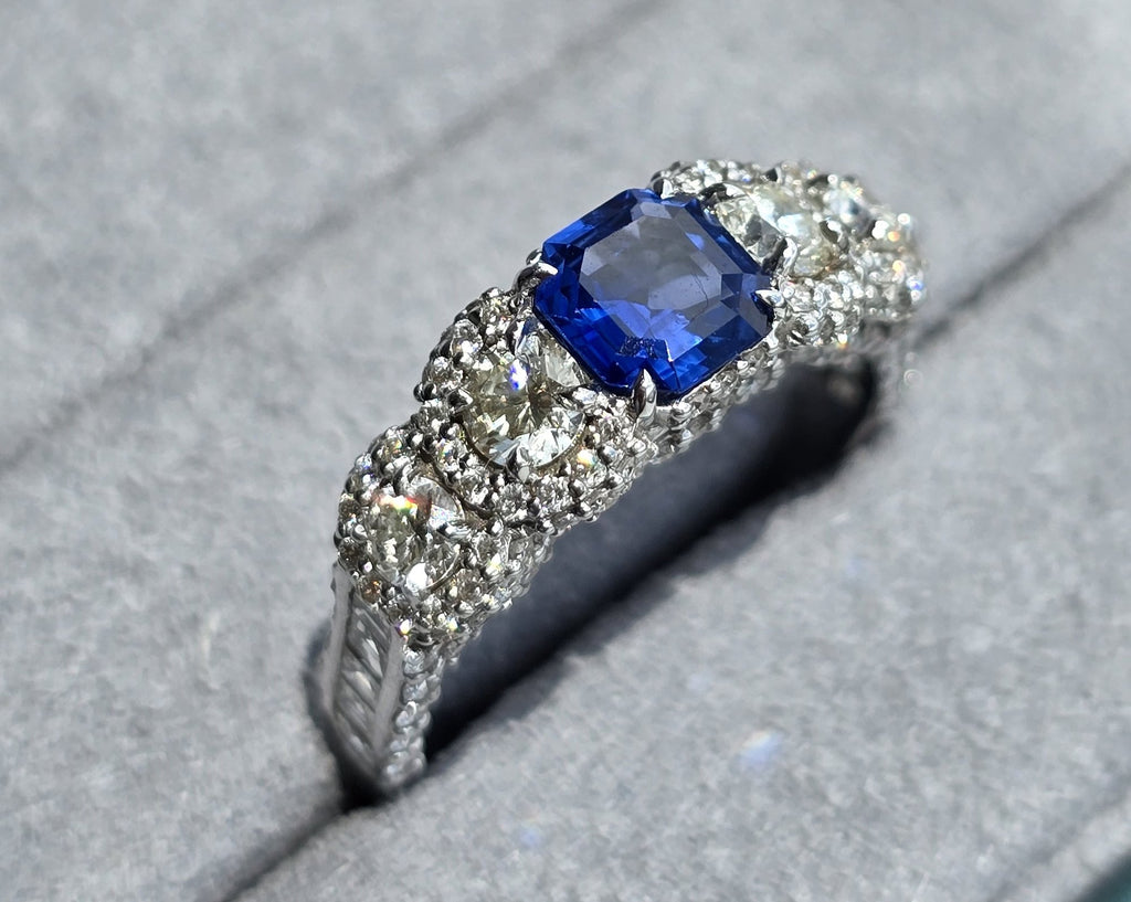 Emerald-Cut Sapphire & Pavé Ring in 18K white gold — view 3