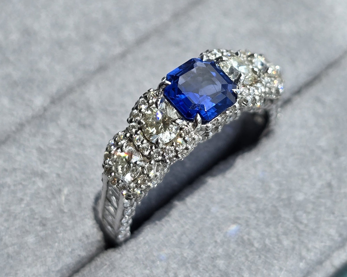 Emerald-Cut Sapphire & Pavé Ring in 18K white gold — view 3