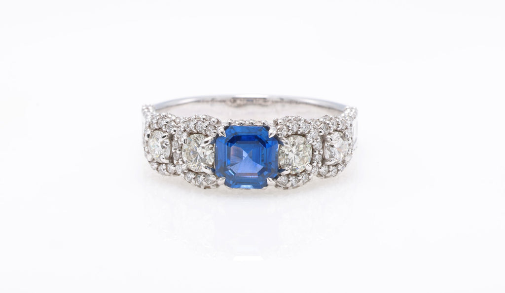 Emerald-Cut Sapphire & Pavé Ring in 18K white gold — view 6