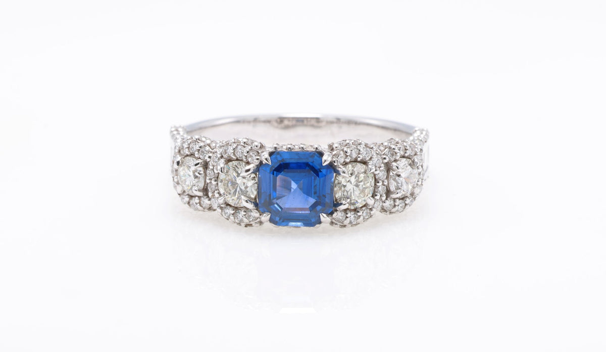 Emerald-Cut Sapphire & Pavé Ring in 18K white gold — view 6