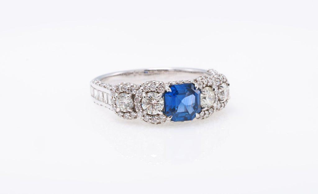 Emerald-Cut Sapphire & Pavé Ring in 18K white gold — view 8