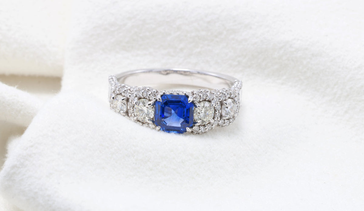 Emerald-Cut Sapphire & Pavé Ring in 18K white gold — view 10