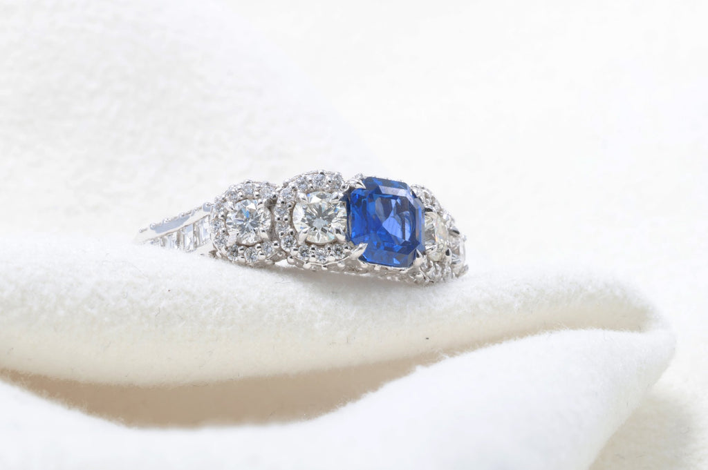 Emerald-Cut Sapphire & Pavé Ring in 18K white gold — view 11