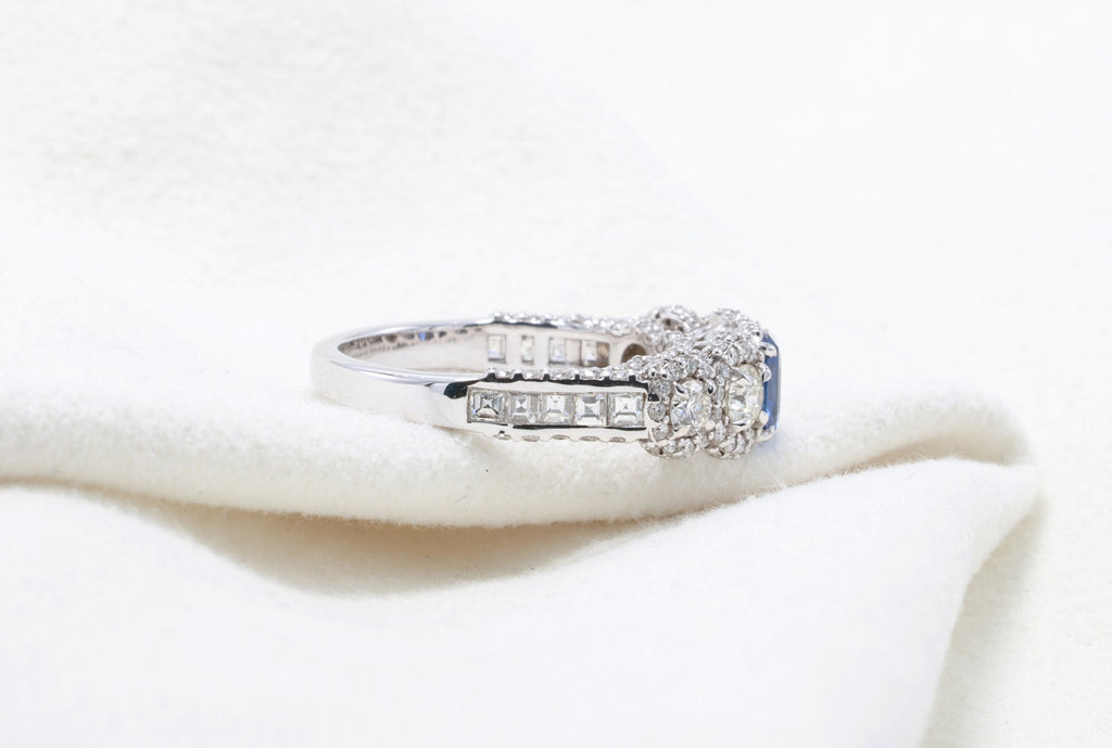 Emerald-Cut Sapphire & Pavé Ring in 18K white gold — view 12