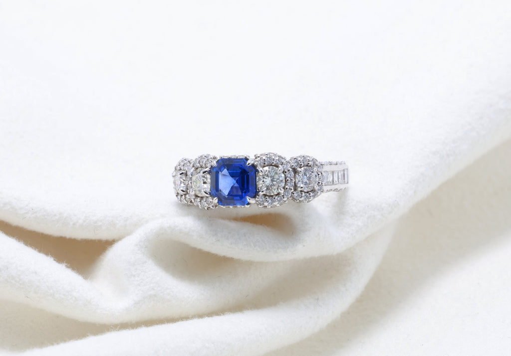 Emerald-Cut Sapphire & Pavé Ring in 18K white gold — view 13