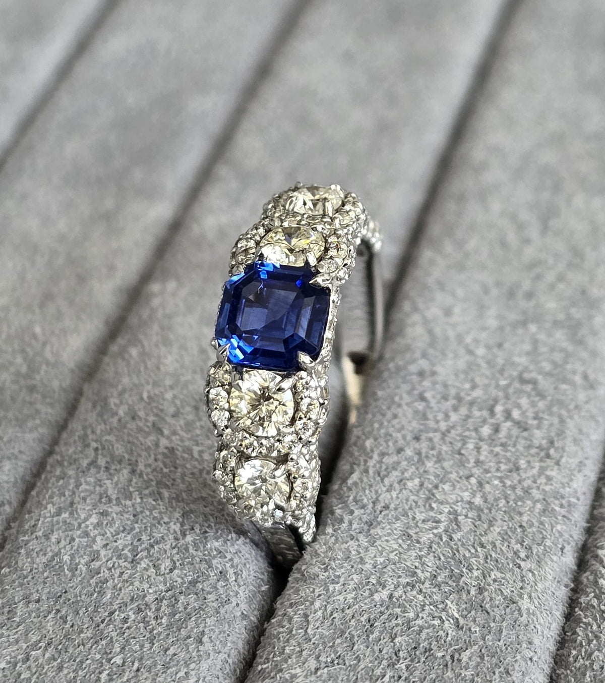Emerald-Cut Sapphire & Pavé Ring in 18K white gold — view 14