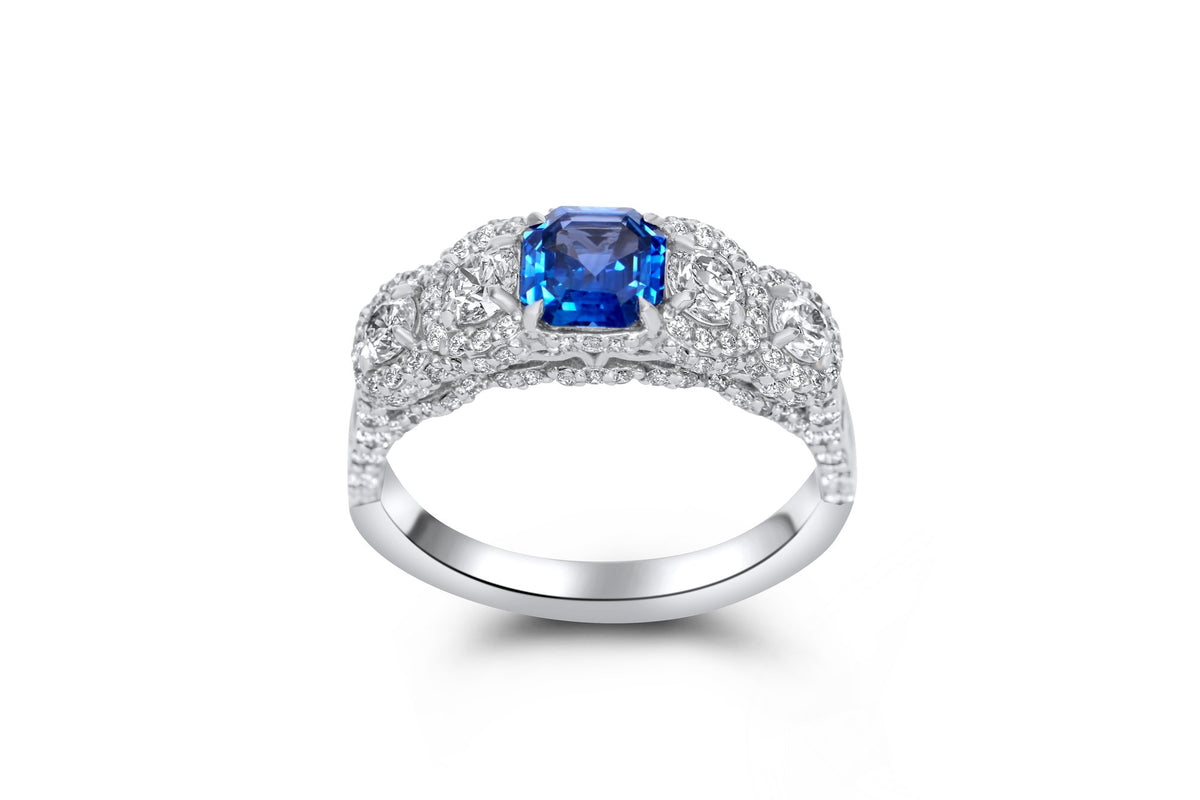 Emerald-Cut Sapphire & Pavé Ring in 18K white gold — view 15