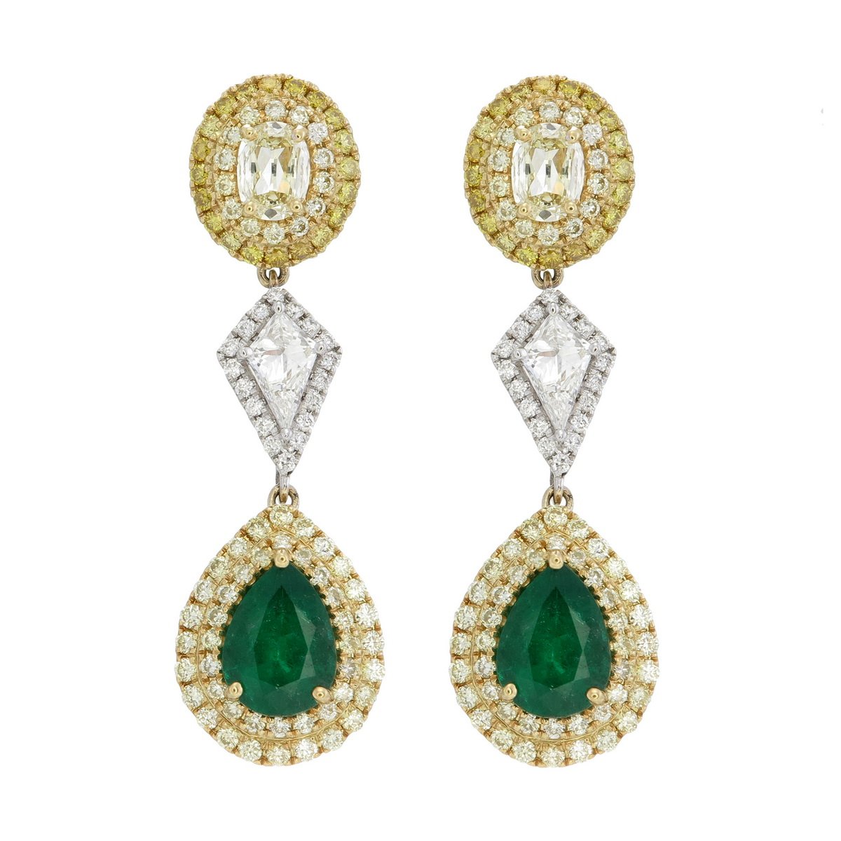 Emerald & Fancy Yellow Diamond Drop Earrings in 18K two-tone gold — view 3