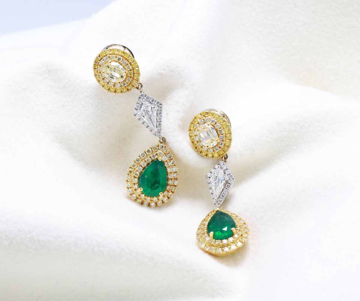 Emerald & Fancy Yellow Diamond Drop Earrings in 18K two-tone gold — view 4