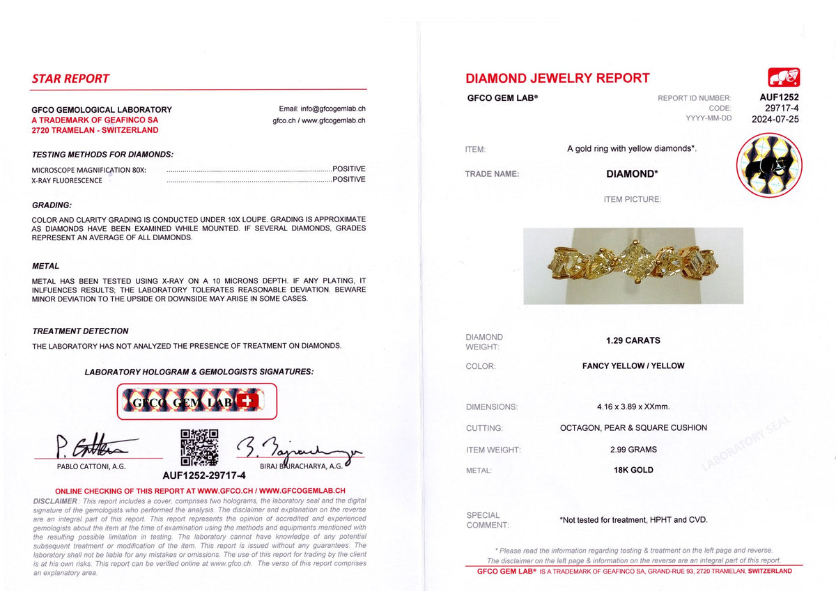 Fancy Yellow Mixed-Shape Diamond Band — GFCO laboratory report