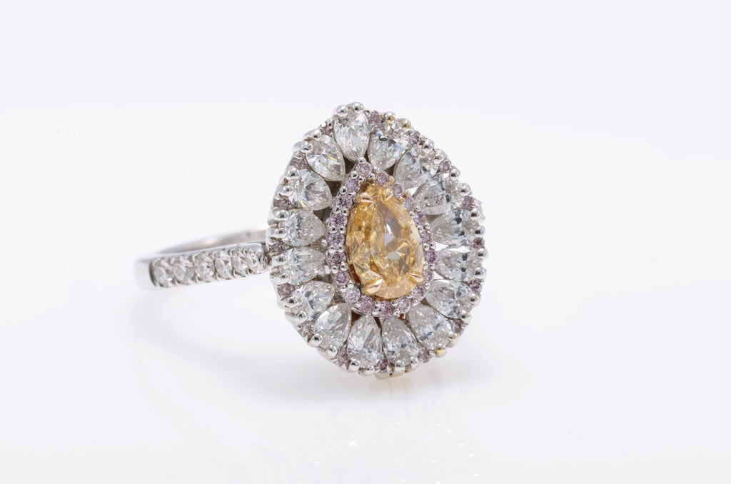 Fancy Yellow Pear Diamond Cluster Ring in 18K white gold — view 2