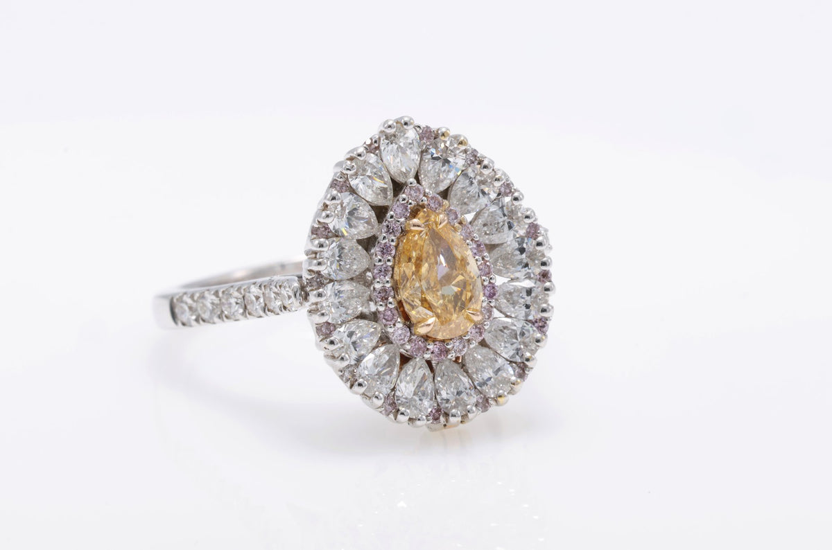 Fancy Yellow Pear Diamond Cluster Ring in 18K white gold — view 2