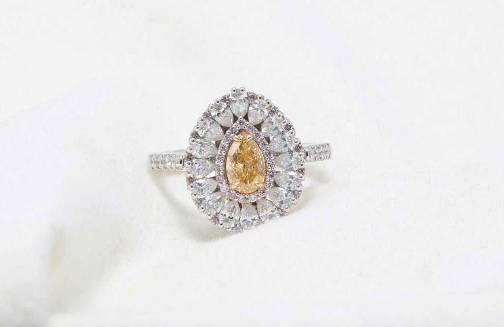 Fancy Yellow Pear Diamond Cluster Ring in 18K white gold — view 12