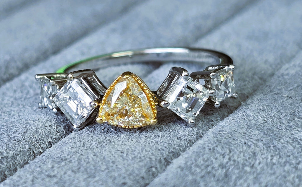 Fancy Yellow Trillion & Asscher Diamond Ring in 18K white gold — view 2