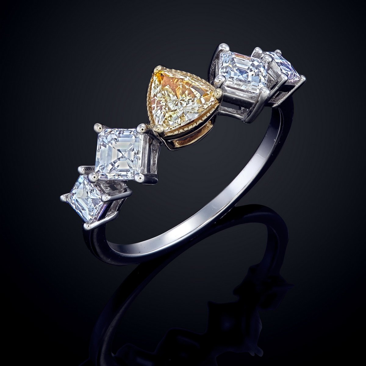 Fancy Yellow Trillion & Asscher Diamond Ring in 18K white gold — view 3