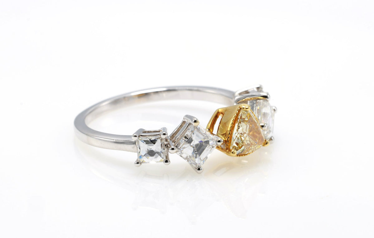 Fancy Yellow Trillion & Asscher Diamond Ring in 18K white gold — view 4
