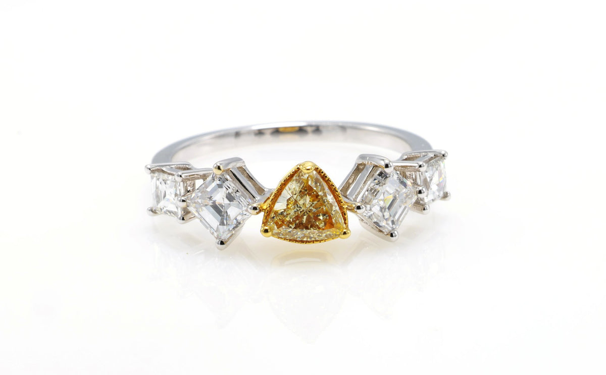 Fancy Yellow Trillion & Asscher Diamond Ring in 18K white gold — view 5