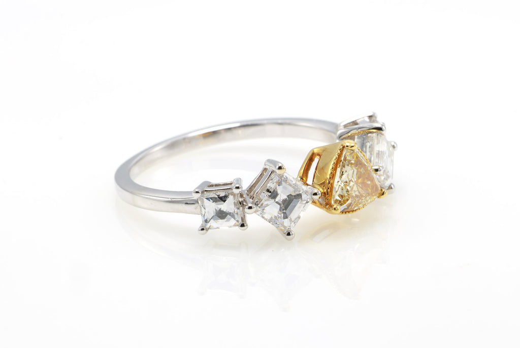 Fancy Yellow Trillion & Asscher Diamond Ring in 18K white gold — view 7