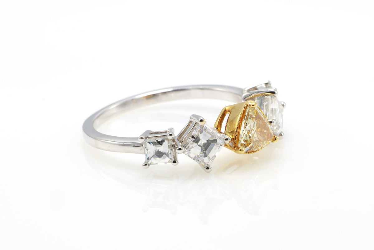 Fancy Yellow Trillion & Asscher Diamond Ring in 18K white gold — view 7