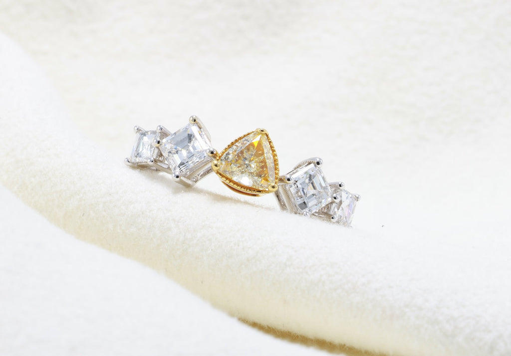 Fancy Yellow Trillion & Asscher Diamond Ring in 18K white gold — view 8