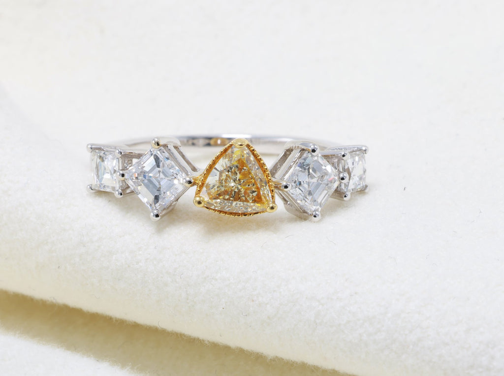 Fancy Yellow Trillion & Asscher Diamond Ring in 18K white gold — view 9