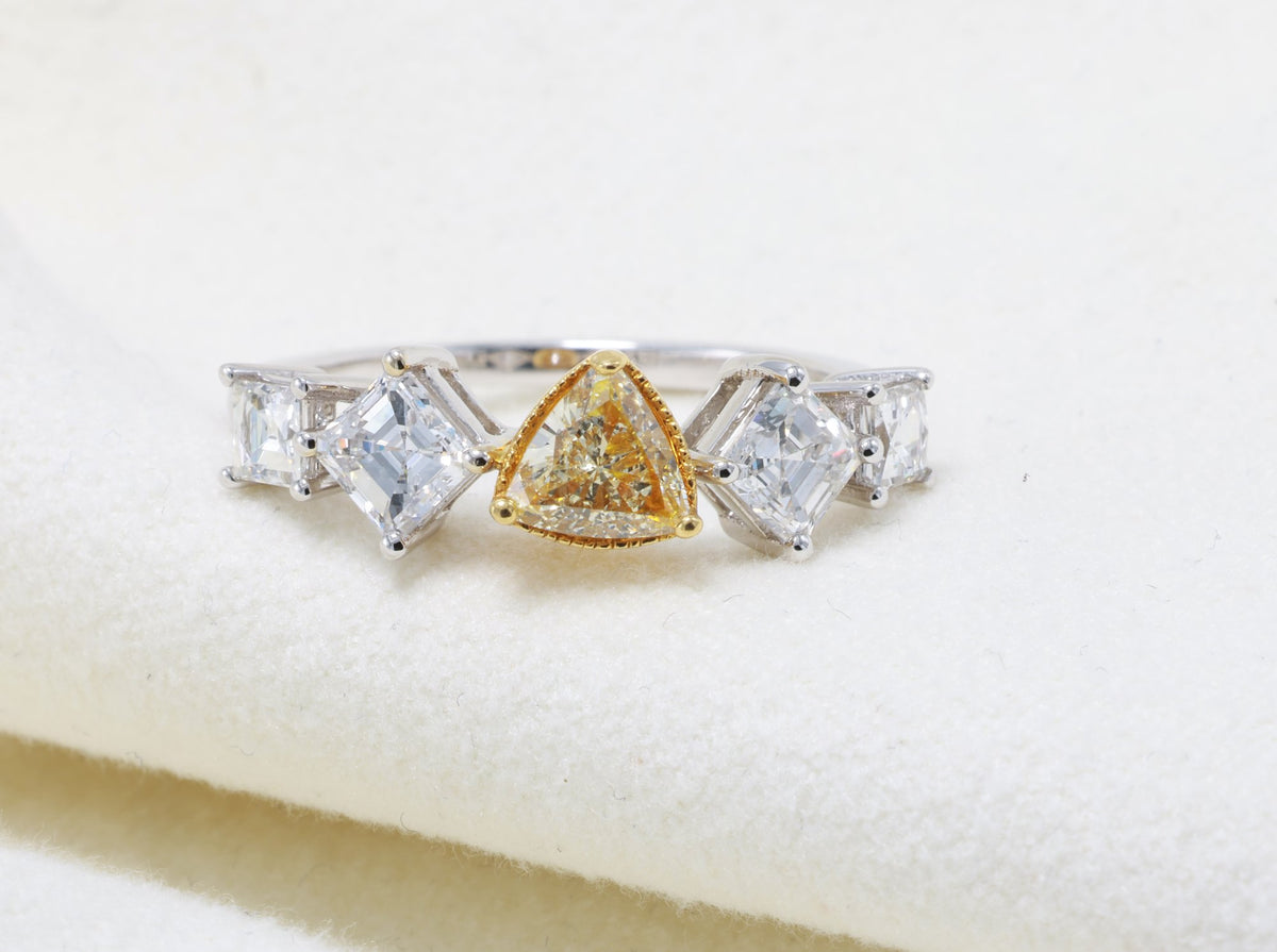 Fancy Yellow Trillion & Asscher Diamond Ring in 18K white gold — view 9