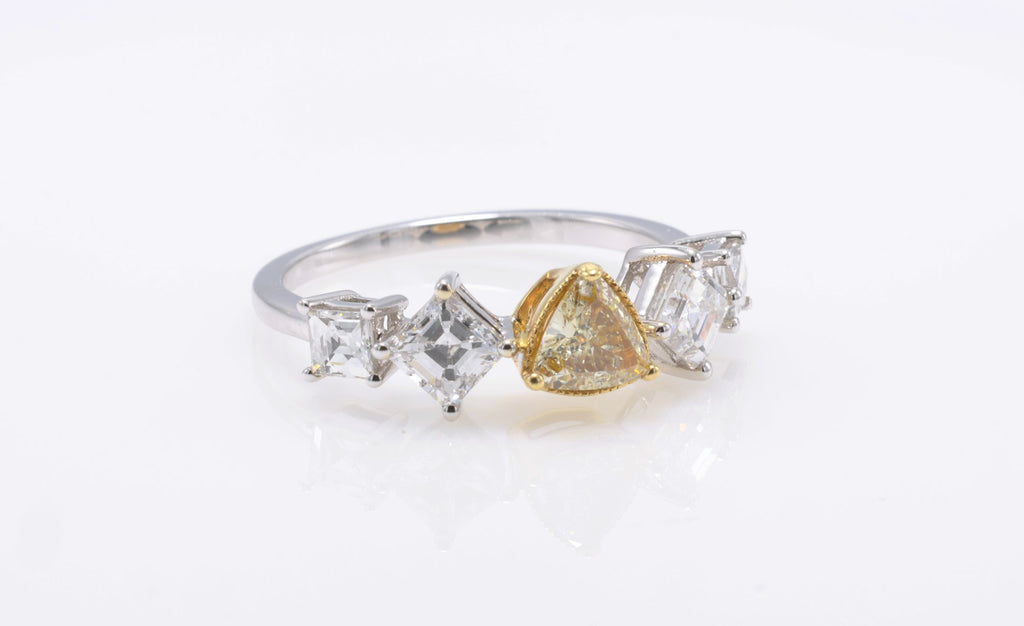 Fancy Yellow Trillion & Asscher Diamond Ring in 18K white gold — view 10