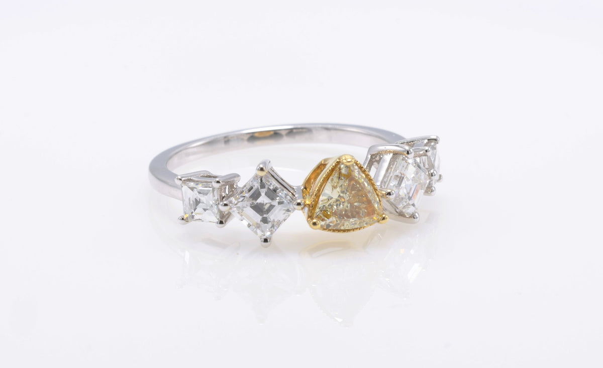Fancy Yellow Trillion & Asscher Diamond Ring in 18K white gold — view 10